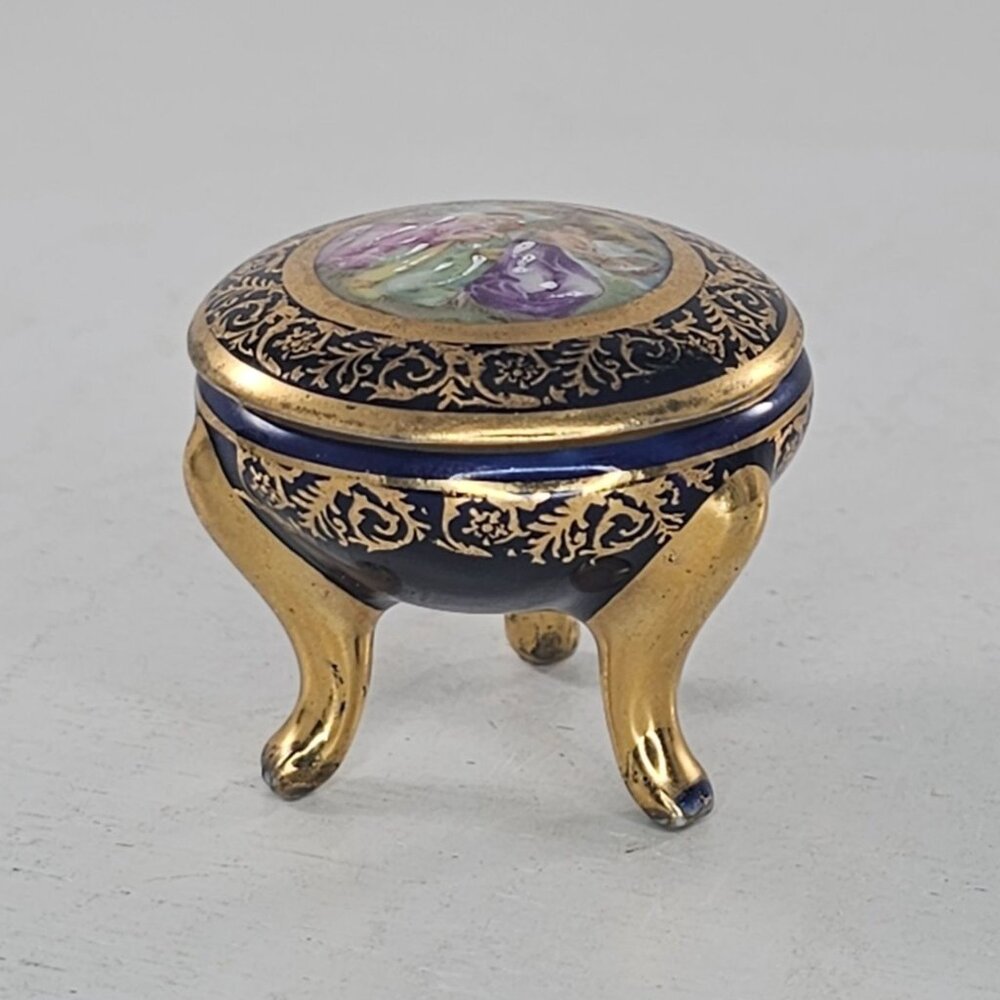 Limoges France Footed Trinket Box Cobalt Blue Gold Floral Design W/ Romantic Sce